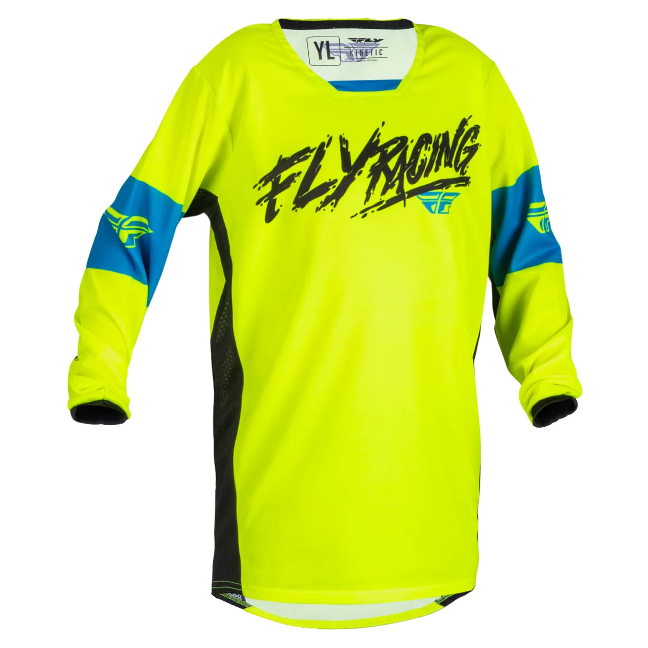 2023 Fly Racing Kinetic Khaos Youth MX Jersey (Hi-Viz/Black/Cyan, UK Size:M)