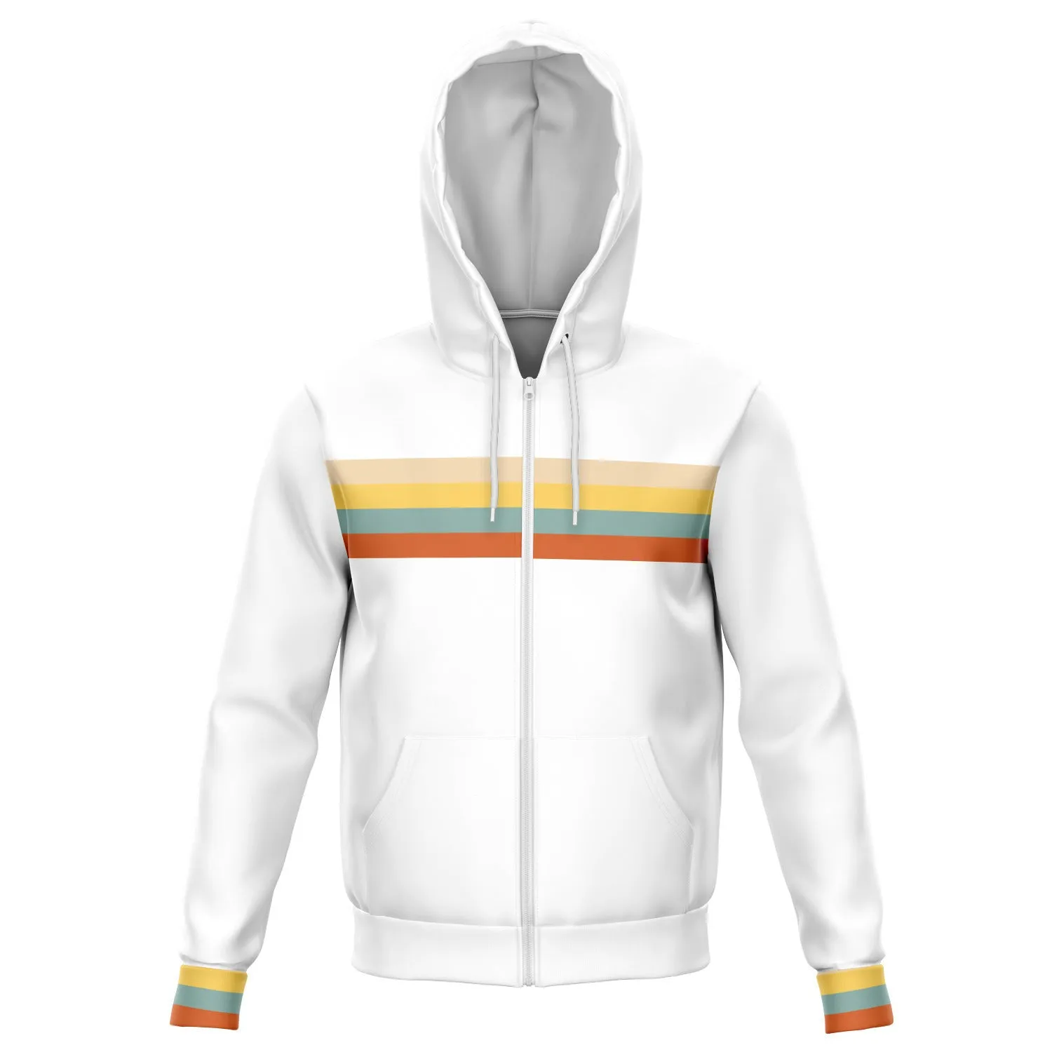 70s Retro Stripe Zip Up Hoodie, Groovy White Front Zipper Pocket Men Women Unisex Adult Aesthetic Graphic Cotton Hooded Sweatshirt