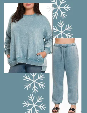 Acid Wash Fleece Hi-low Hem Pullover with Drawstring Pants Set, Plus