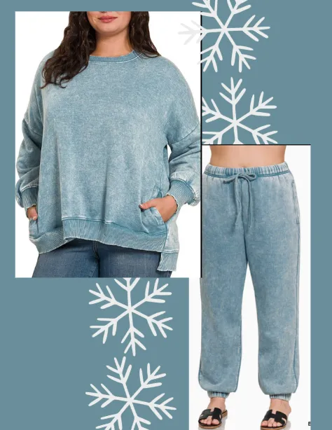 Acid Wash Fleece Hi-low Hem Pullover with Drawstring Pants Set, Plus