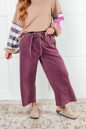 Acid Wash Fleece Wide Leg Cropped Sweatpants - Eggplant