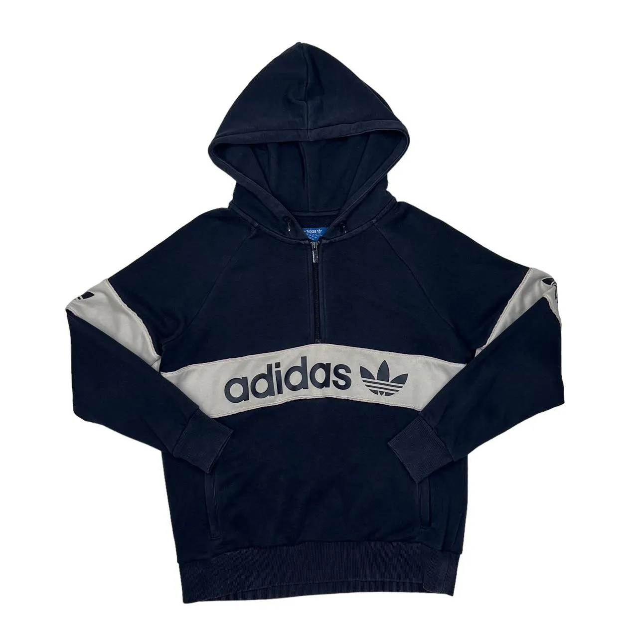 ADIDAS Colour Block Big Logo Spellout Graphic 1/4 Zip Pullover Hoodie