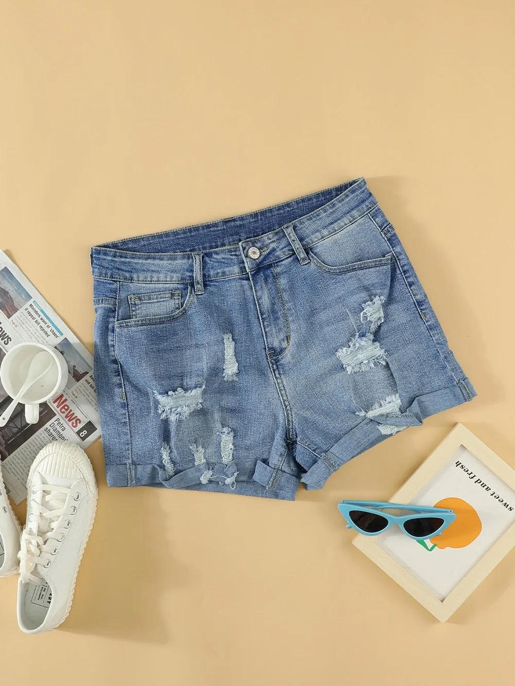 American Flag Denim Shorts with Lace-up Detail