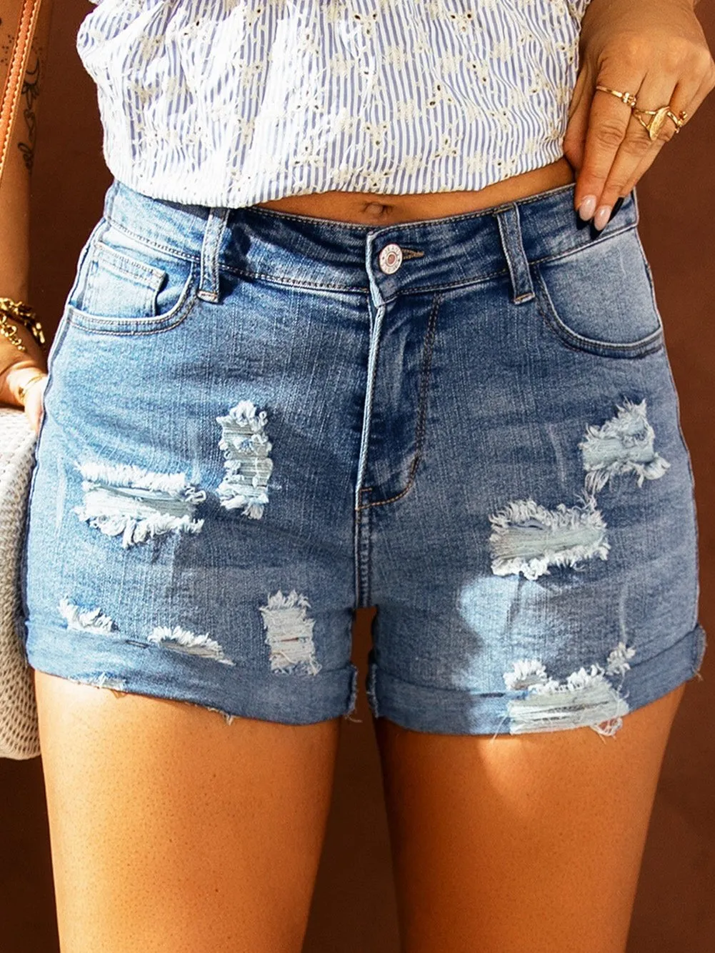 American Flag Denim Shorts with Lace-up Detail