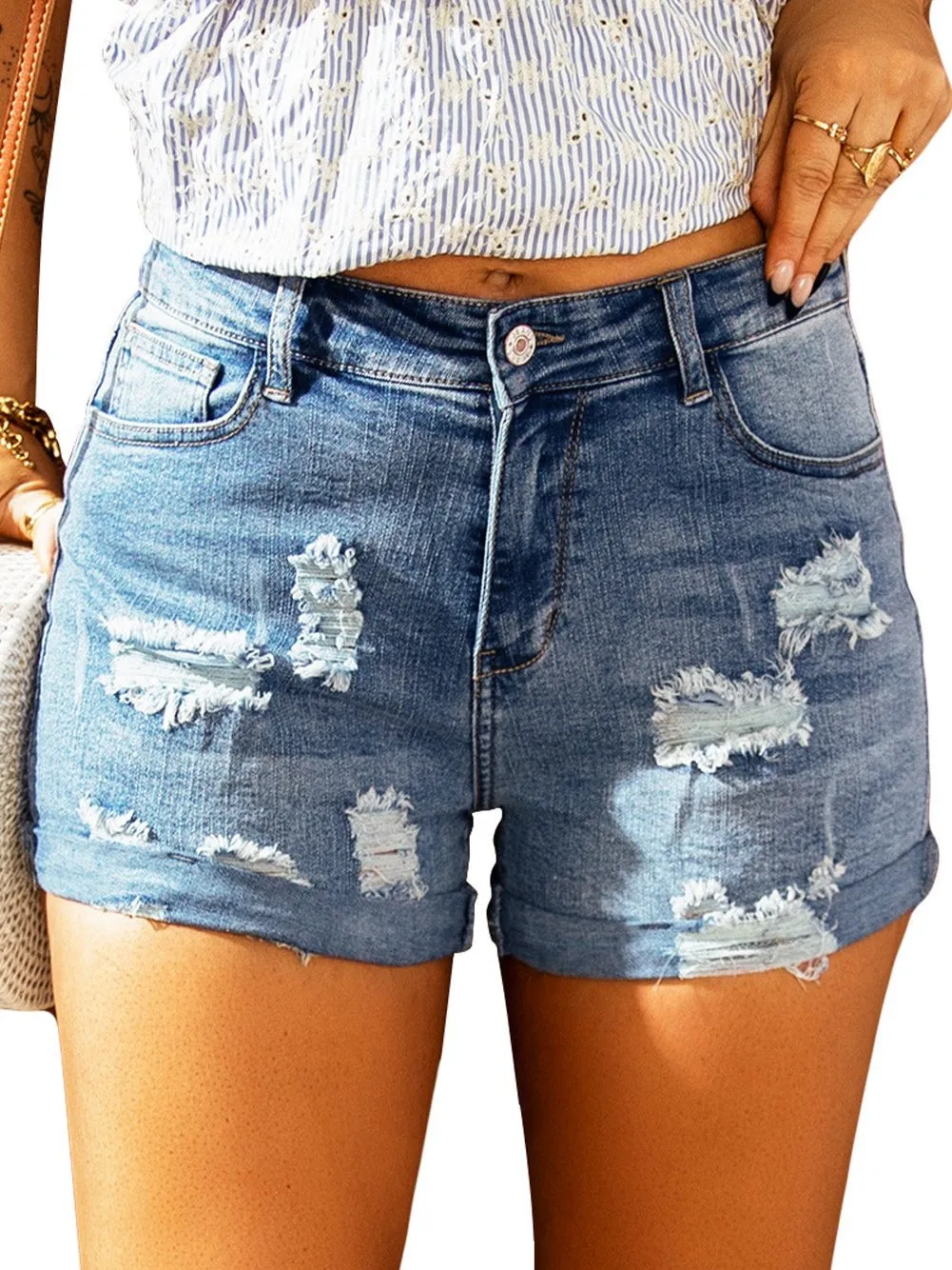 American Flag Denim Shorts with Lace-up Detail
