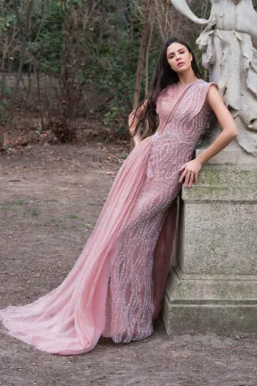 Ballet Slipper Pink Embroidered Evening Dress with One-Tulle Shoulder