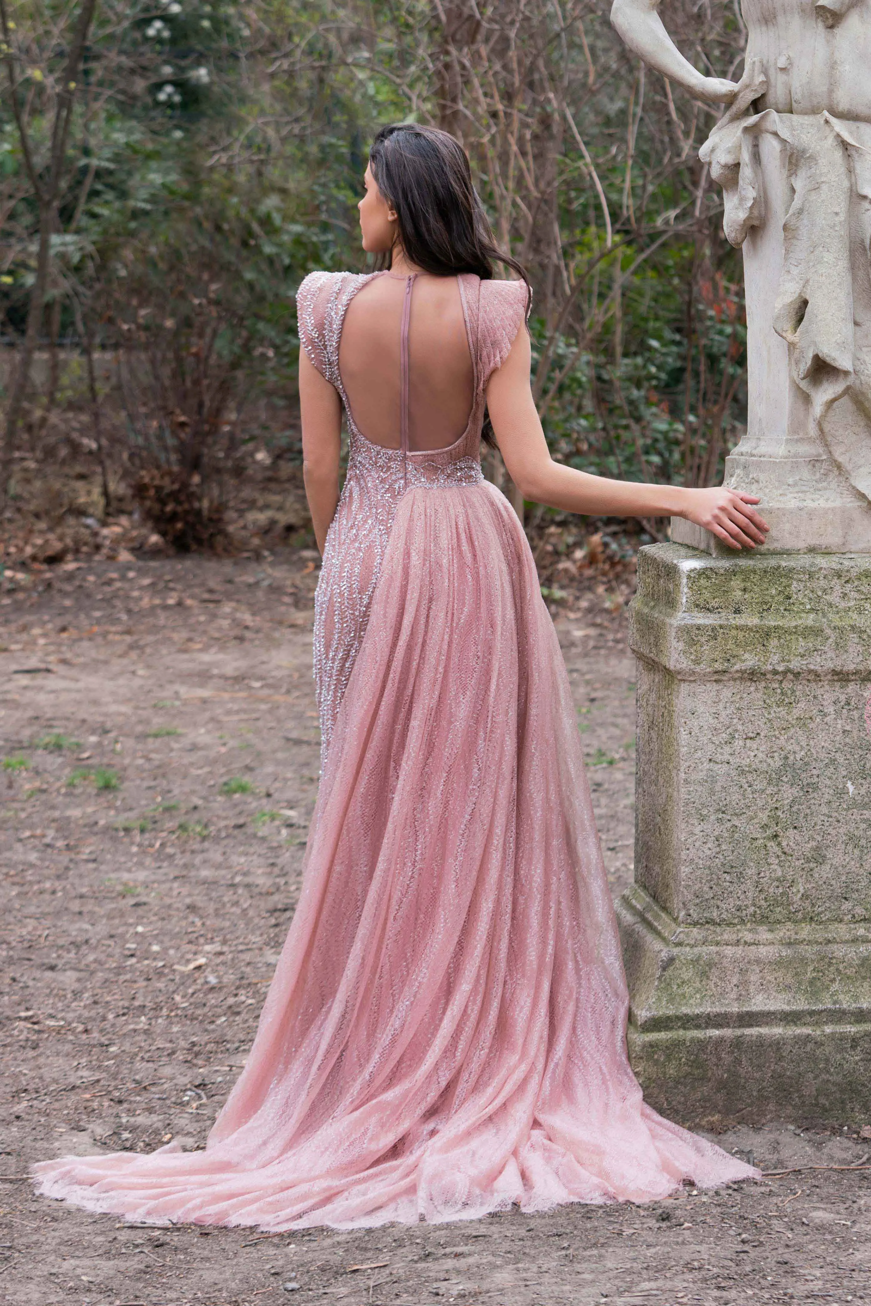 Ballet Slipper Pink Embroidered Evening Dress with One-Tulle Shoulder