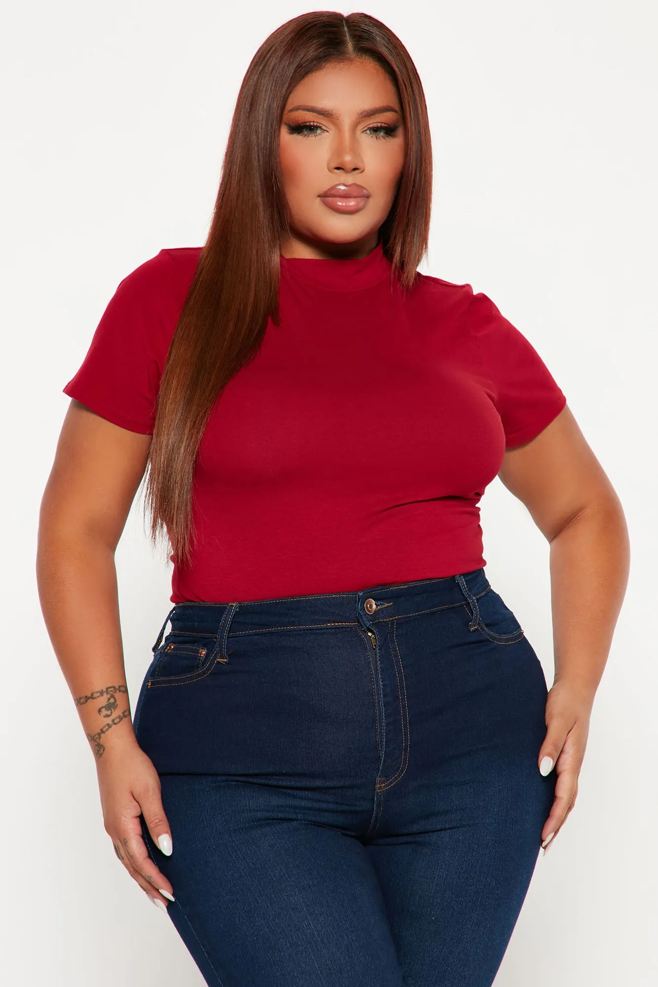 Basic Mock Neck Bodysuit - Deep Red