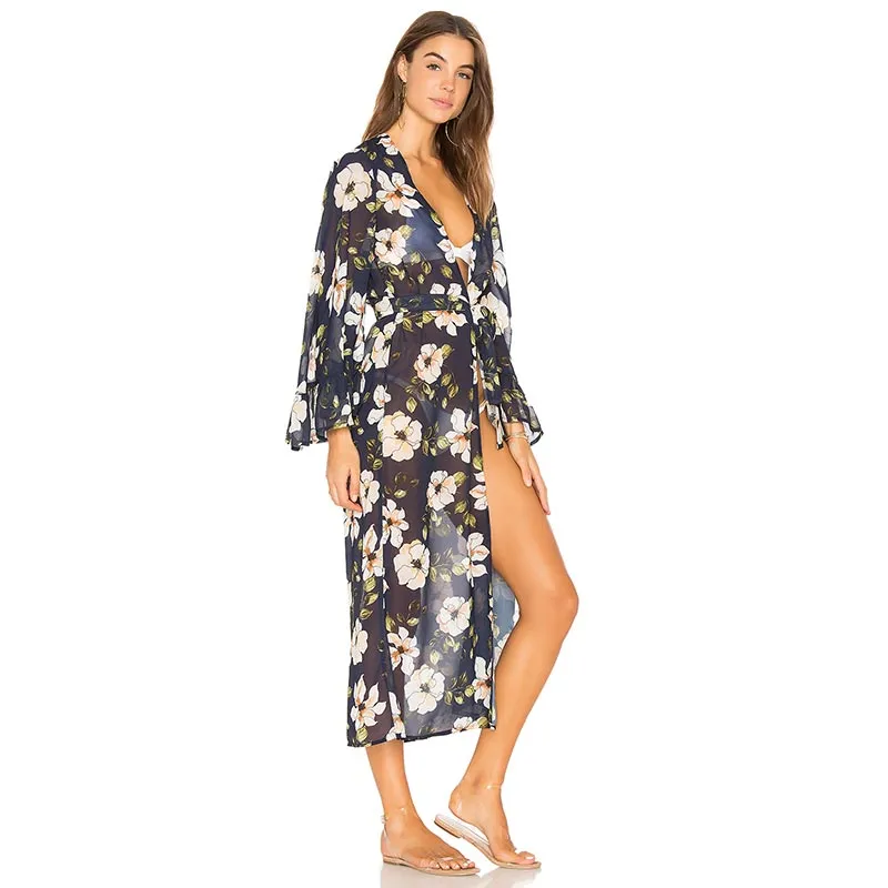 Belted Flowers Chiffon Flare Sleeve Cardigan #Flowers #Flare Sleeve