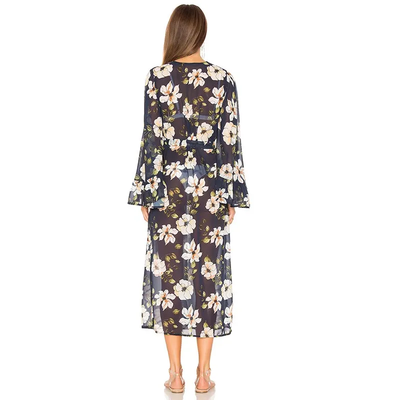 Belted Flowers Chiffon Flare Sleeve Cardigan #Flowers #Flare Sleeve