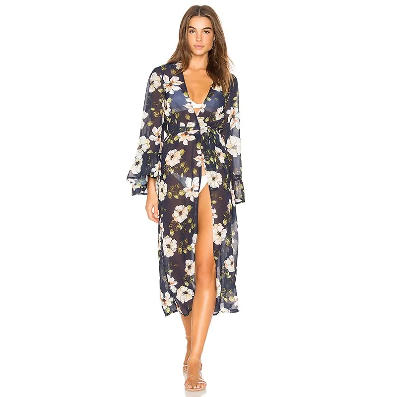 Belted Flowers Chiffon Flare Sleeve Cardigan #Flowers #Flare Sleeve