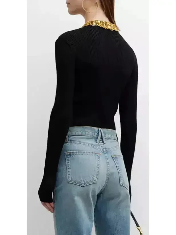 Black and Gold Embellished Rib-Knit Zip-Front Cropped Cardigan