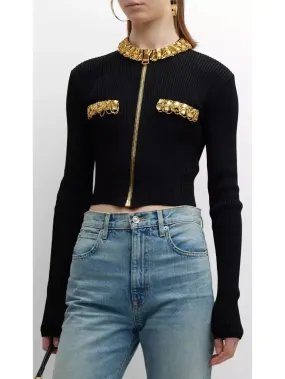 Black and Gold Embellished Rib-Knit Zip-Front Cropped Cardigan