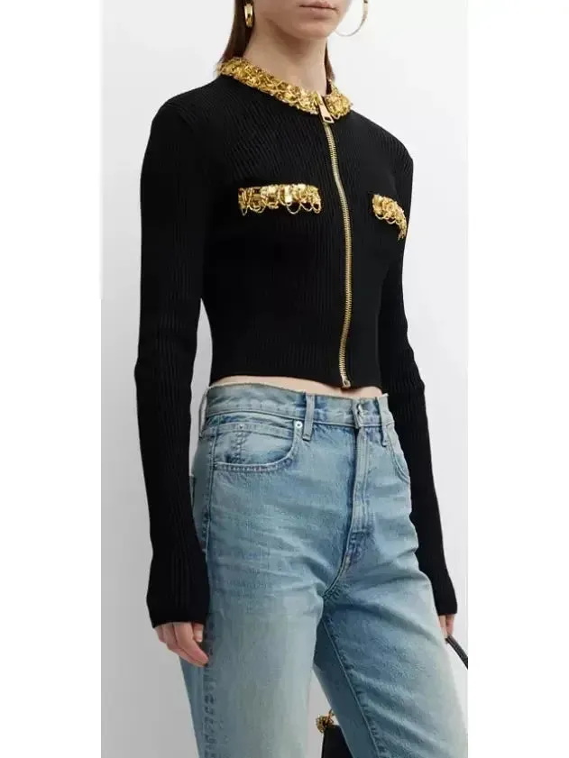 Black and Gold Embellished Rib-Knit Zip-Front Cropped Cardigan