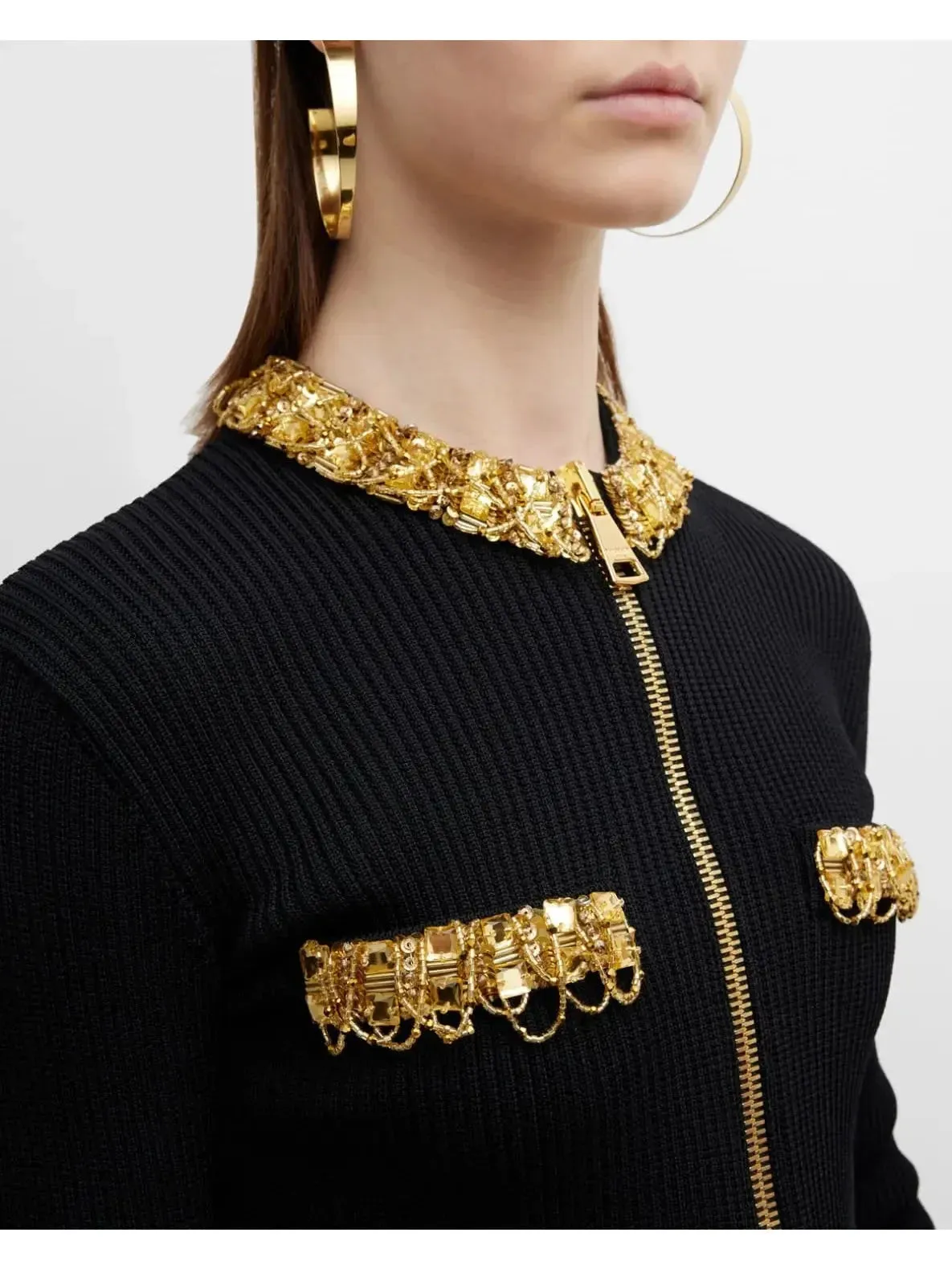 Black and Gold Embellished Rib-Knit Zip-Front Cropped Cardigan