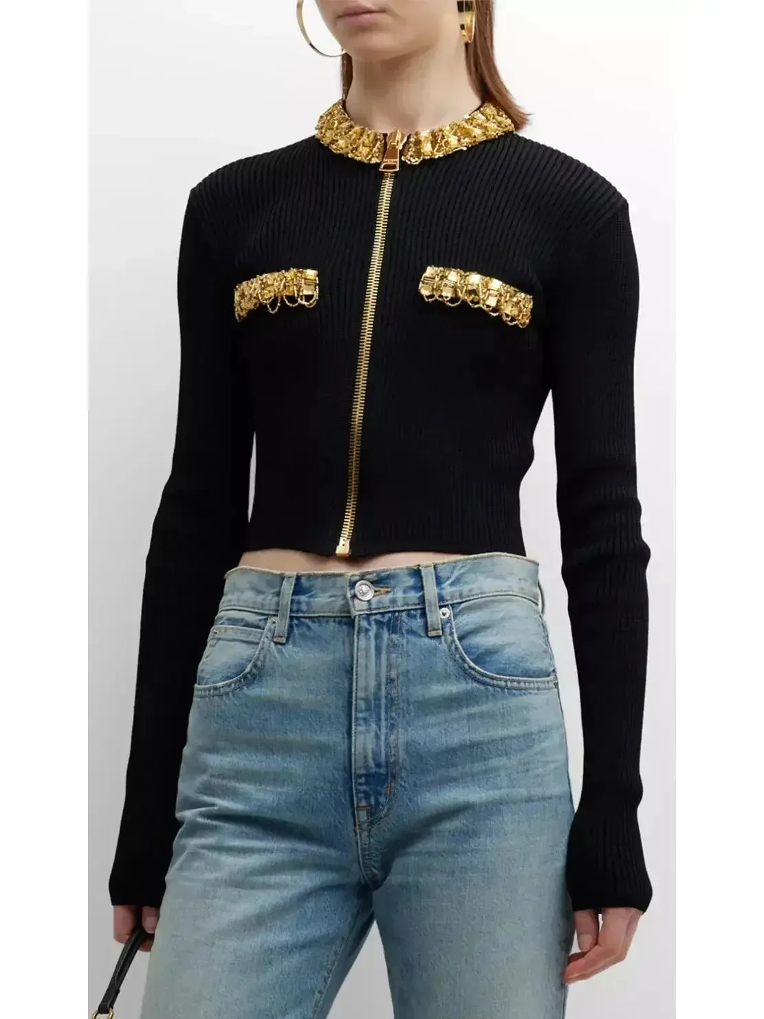 Black and Gold Embellished Rib-Knit Zip-Front Cropped Cardigan