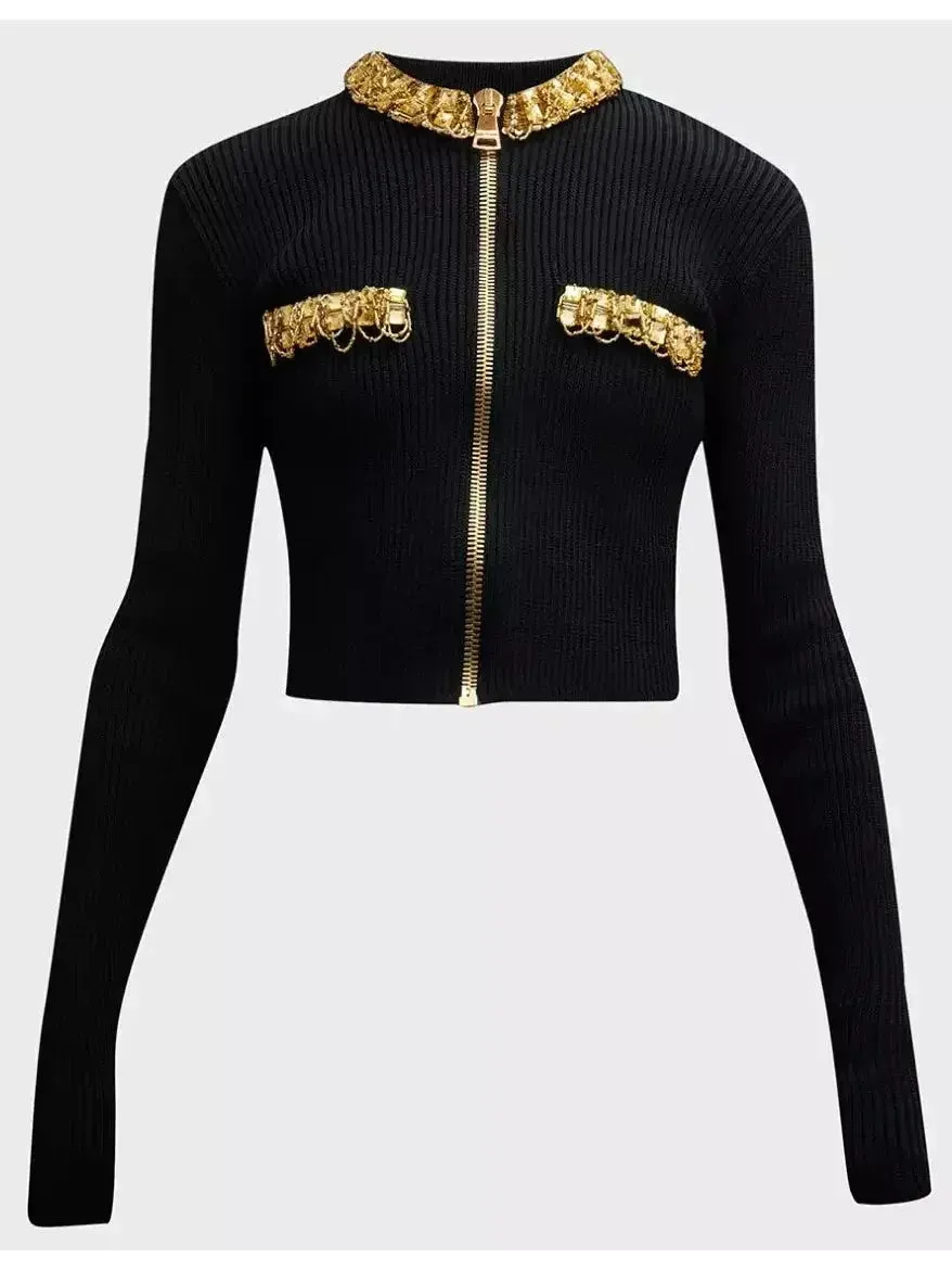 Black and Gold Embellished Rib-Knit Zip-Front Cropped Cardigan