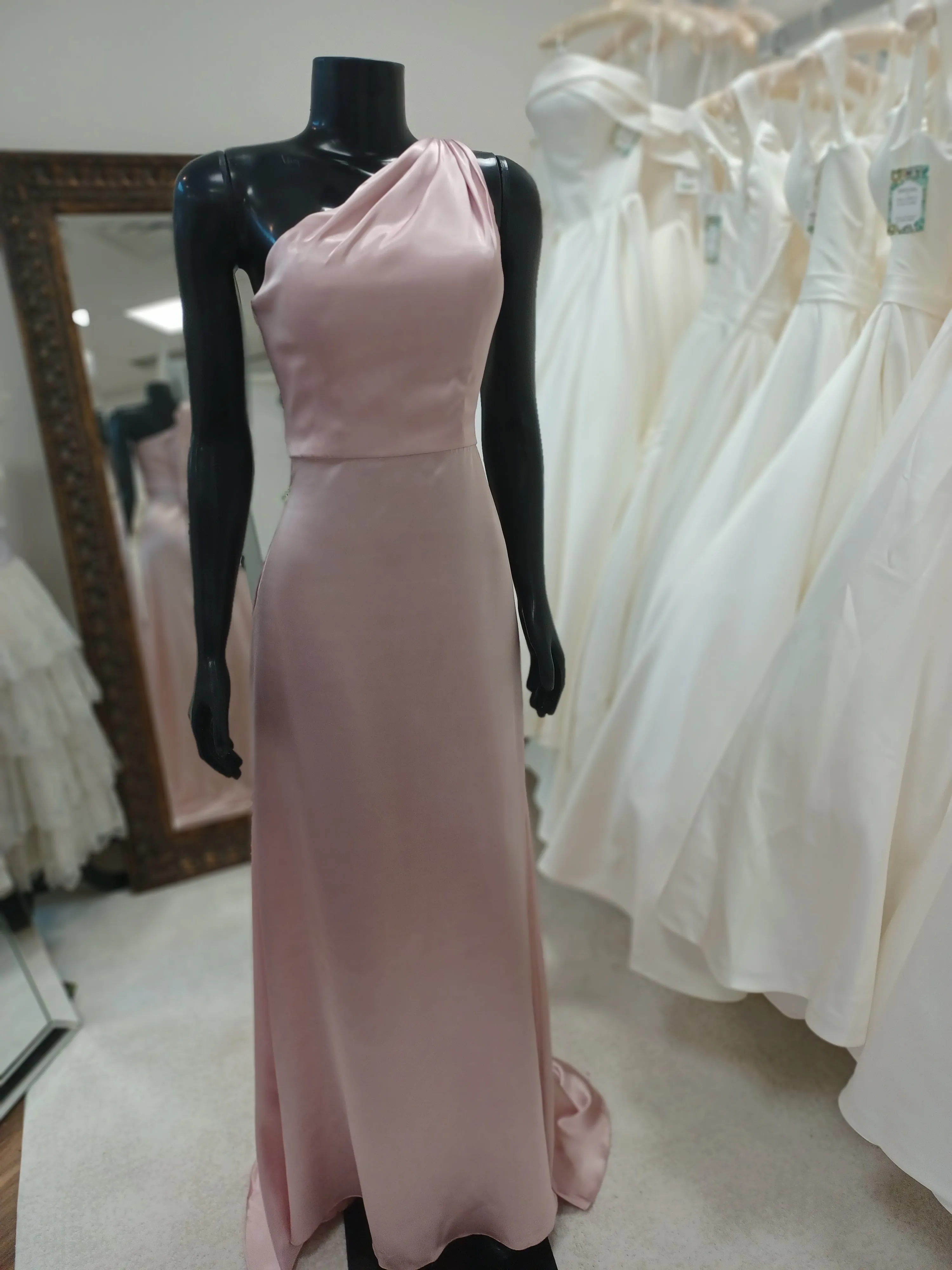 BM011-Ballet Pink Silk One Shoulder Bridesmaid Dress