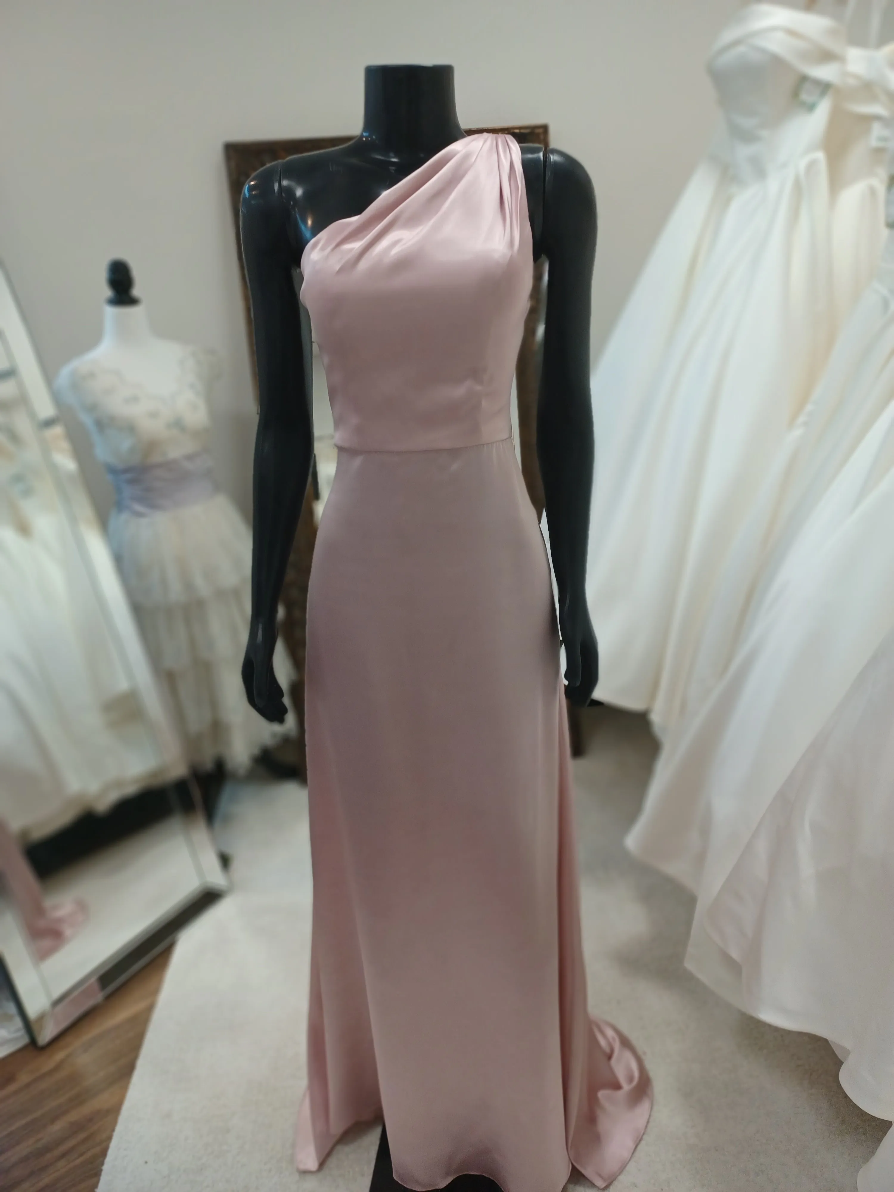 BM011-Ballet Pink Silk One Shoulder Bridesmaid Dress