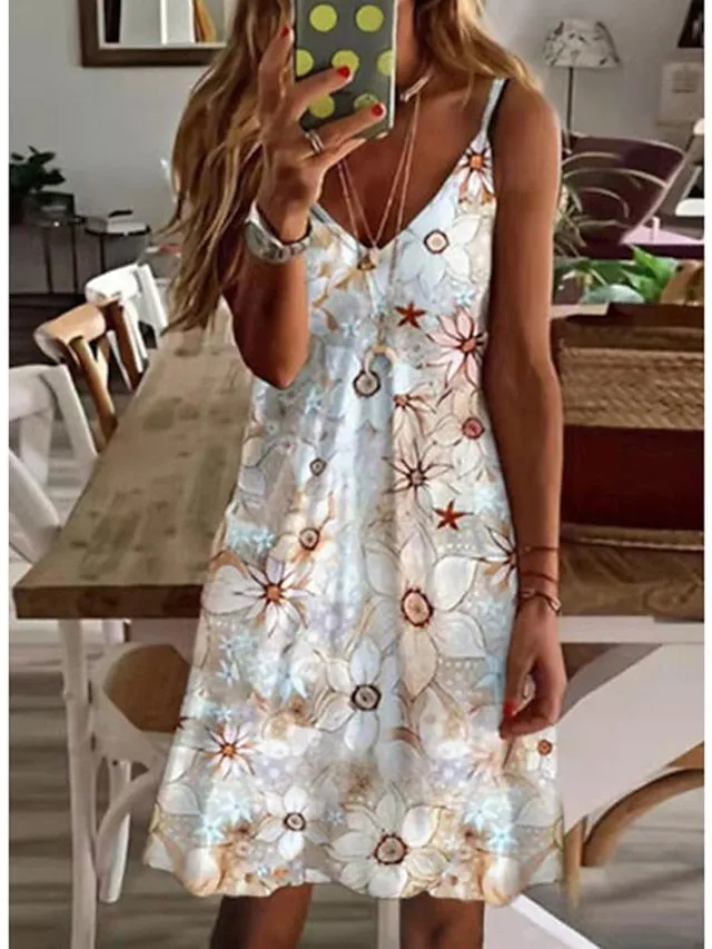 Casual Dress Mini Dress Beige Sleeveless Floral Print Spring Summer Spaghetti Strap Casual  S M L XL XXL for Women