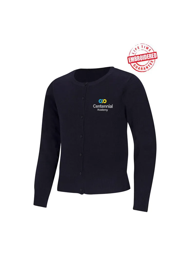 Centennial Academy Jewel Neck Cardigan Sweater Jewel Neck Cardigan Sweater with Embroidered Centennial Academy Logo, Navy