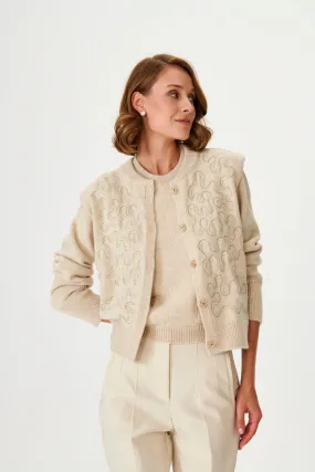 Chain Kantan Embroidered Beige Wool Knit Jacket