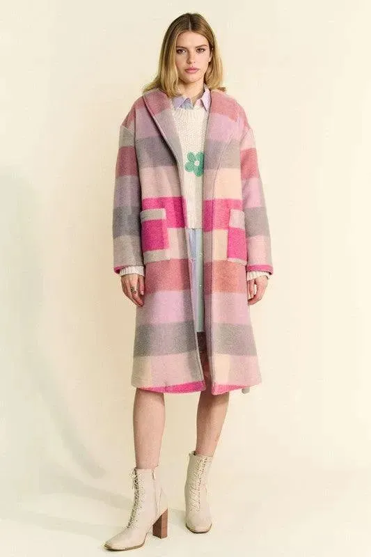 Color Block Collared Neck Tie Coat by Davi & Dani
