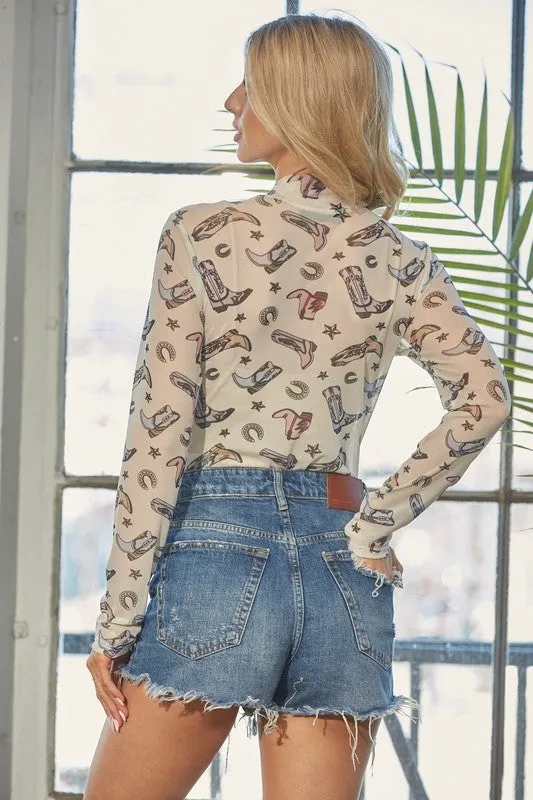 Cowboy Boots And Star Print Mock Neck Bodysuit