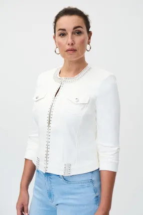 Crew Neckline Suede Zipper Jacket w/ Grommet Detail