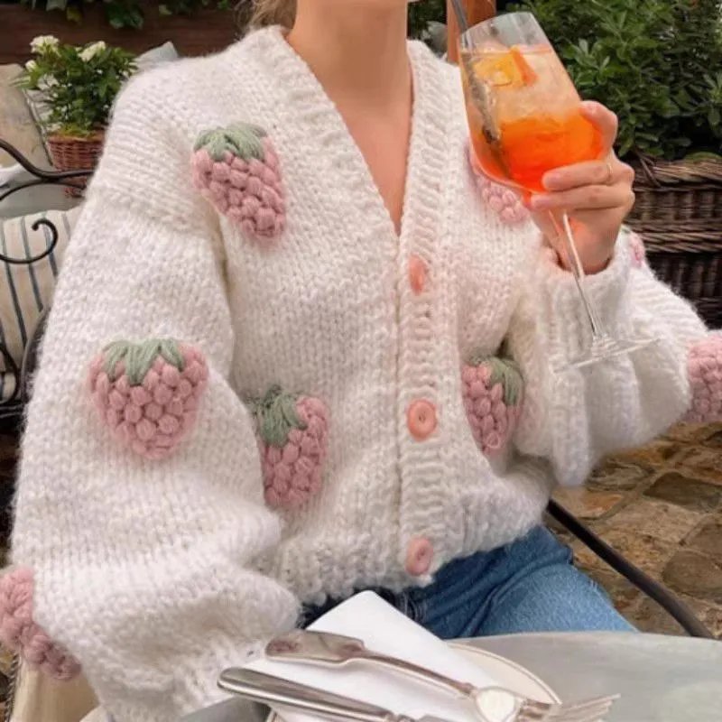 Cute Kawaii Chunky Cable Strawberry Cardigan Sweater