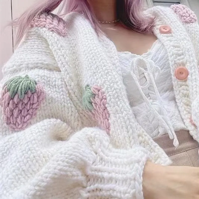 Cute Kawaii Chunky Cable Strawberry Cardigan Sweater