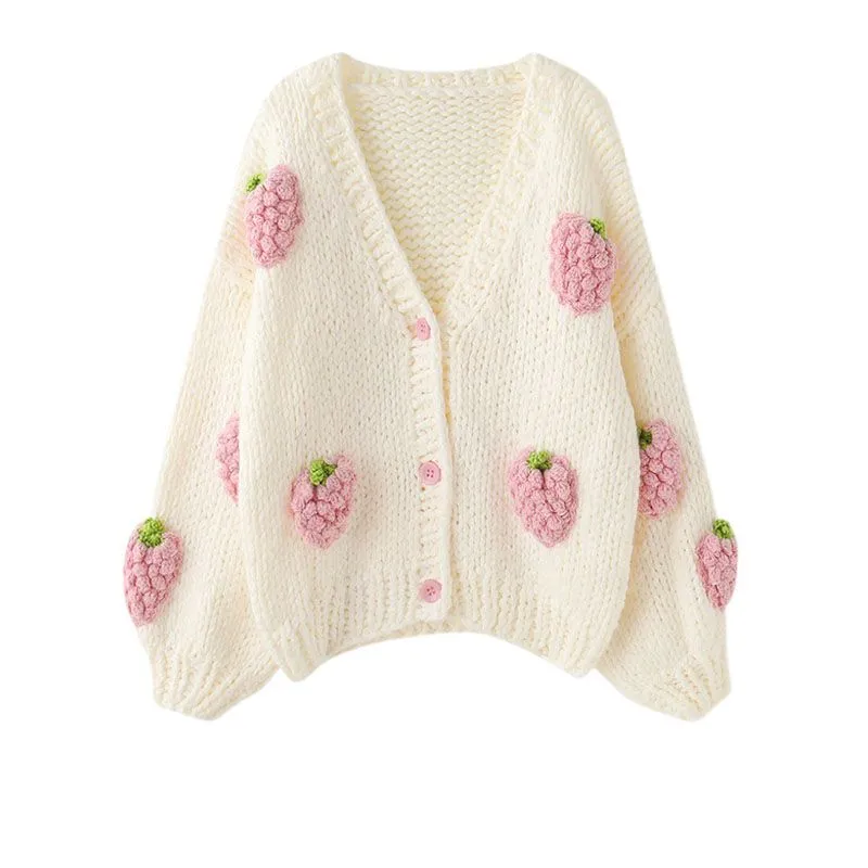 Cute Kawaii Chunky Cable Strawberry Cardigan Sweater