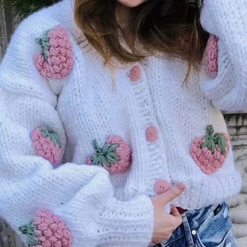 Cute Kawaii Chunky Cable Strawberry Cardigan Sweater