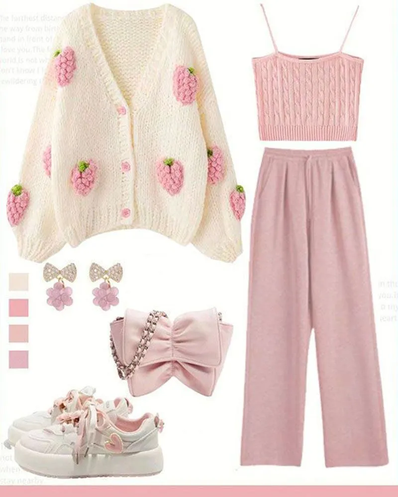 Cute Kawaii Chunky Cable Strawberry Cardigan Sweater