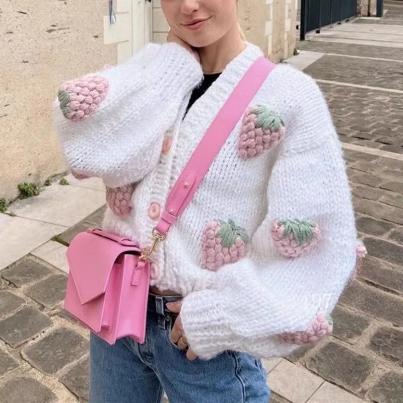 Cute Kawaii Chunky Cable Strawberry Cardigan Sweater