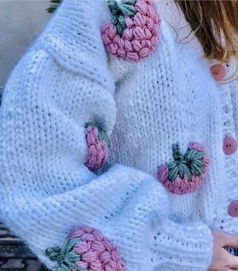 Cute Kawaii Chunky Cable Strawberry Cardigan Sweater