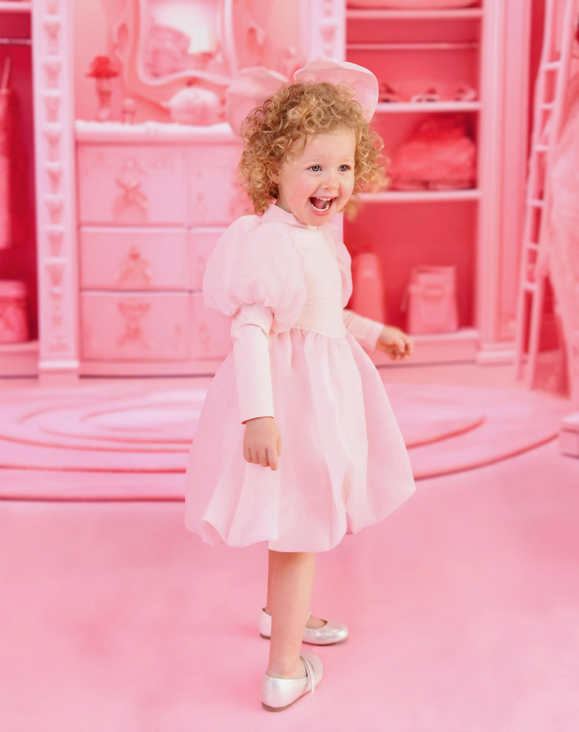 DOLLY WORLD PUFF LONG SLEEVE BALLOON ORGANZA DRESS WITH COTTON BODY dollypink