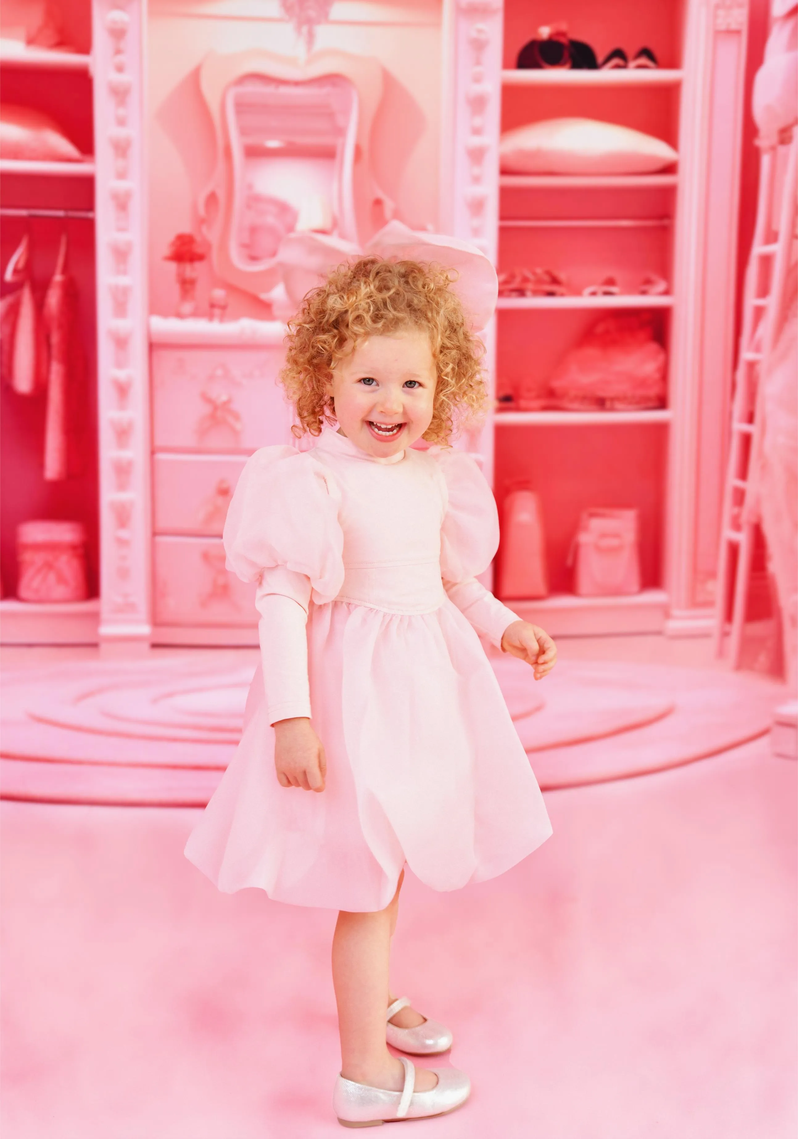 DOLLY WORLD PUFF LONG SLEEVE BALLOON ORGANZA DRESS WITH COTTON BODY dollypink