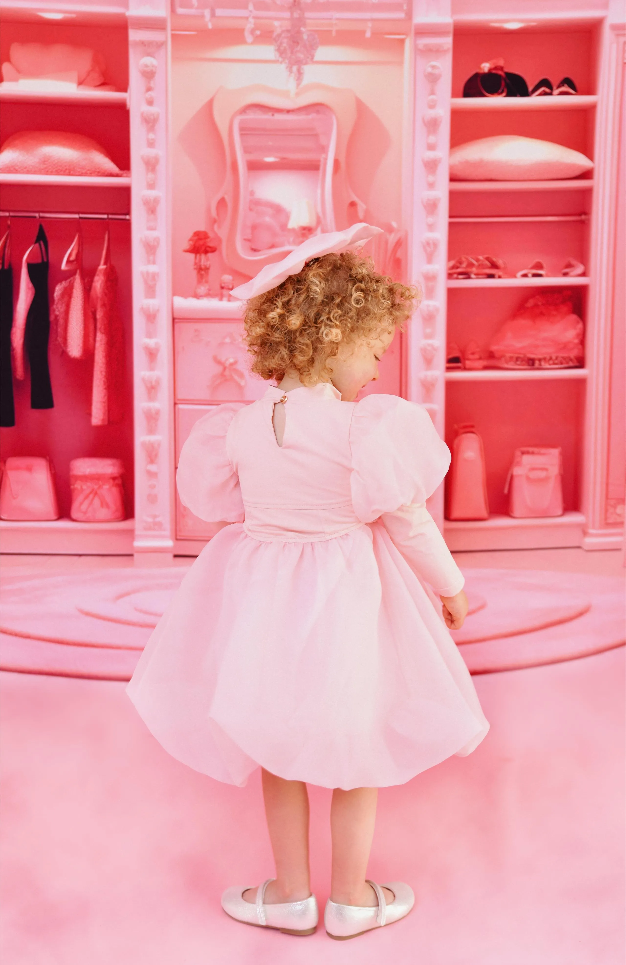 DOLLY WORLD PUFF LONG SLEEVE BALLOON ORGANZA DRESS WITH COTTON BODY dollypink