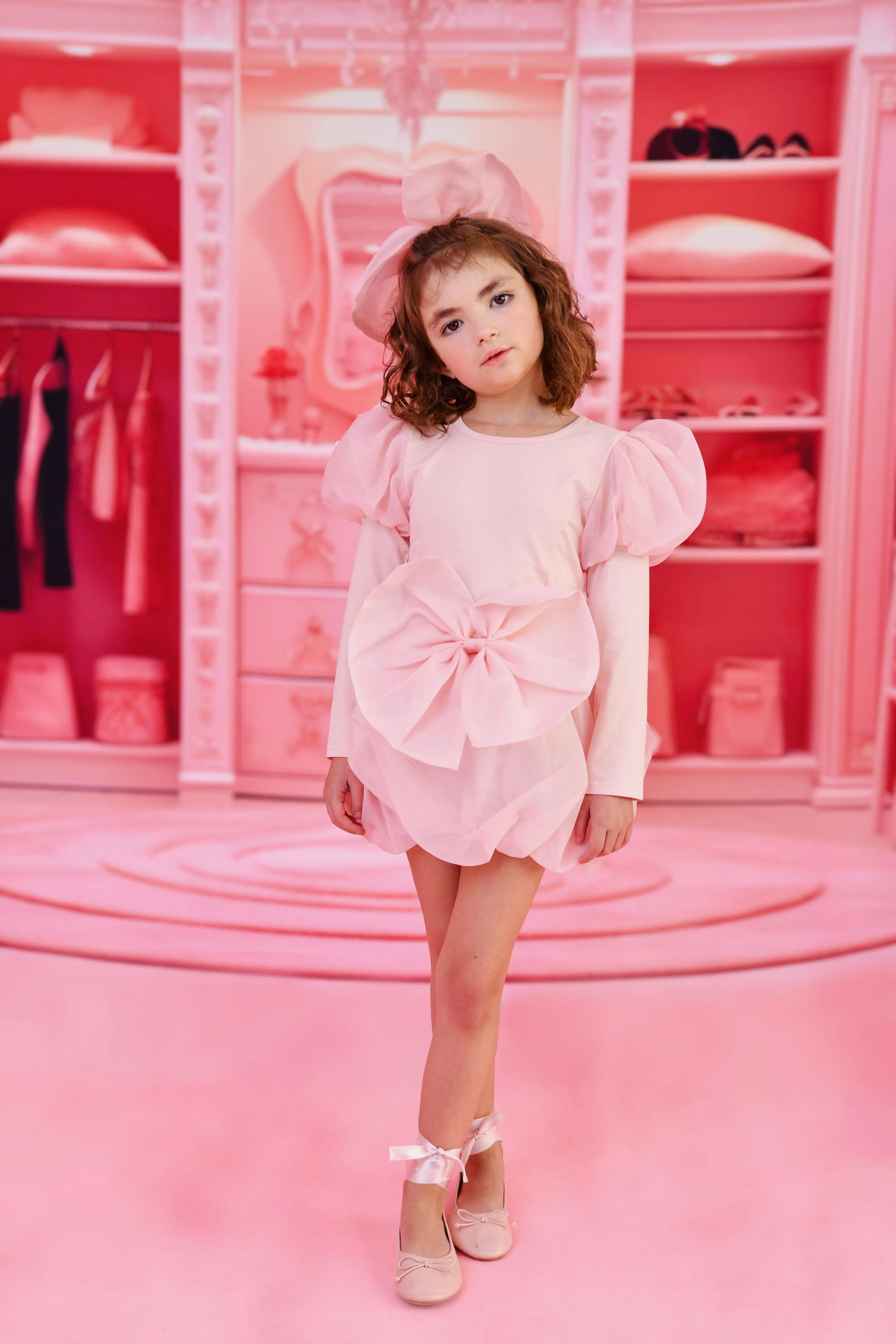 DOLLY WORLD PUFF LONG SLEEVE ORGANZA TOP WITH COTTON BODY dollypink