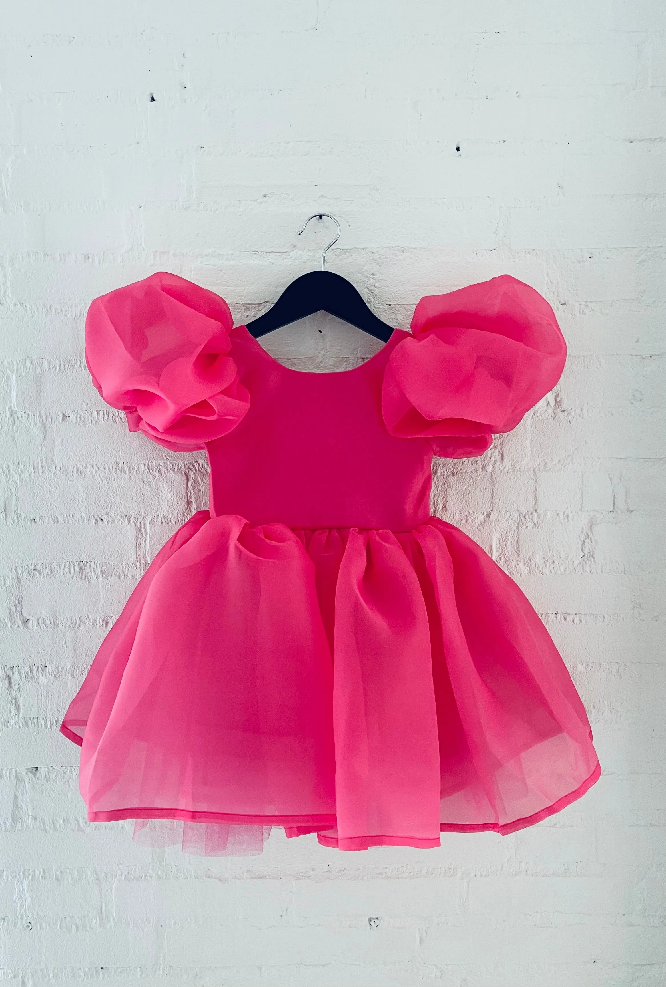 DOLLY WORLD V-BACK PUFF SLEEVE ORGANZA TUTU DRESS barbiepink