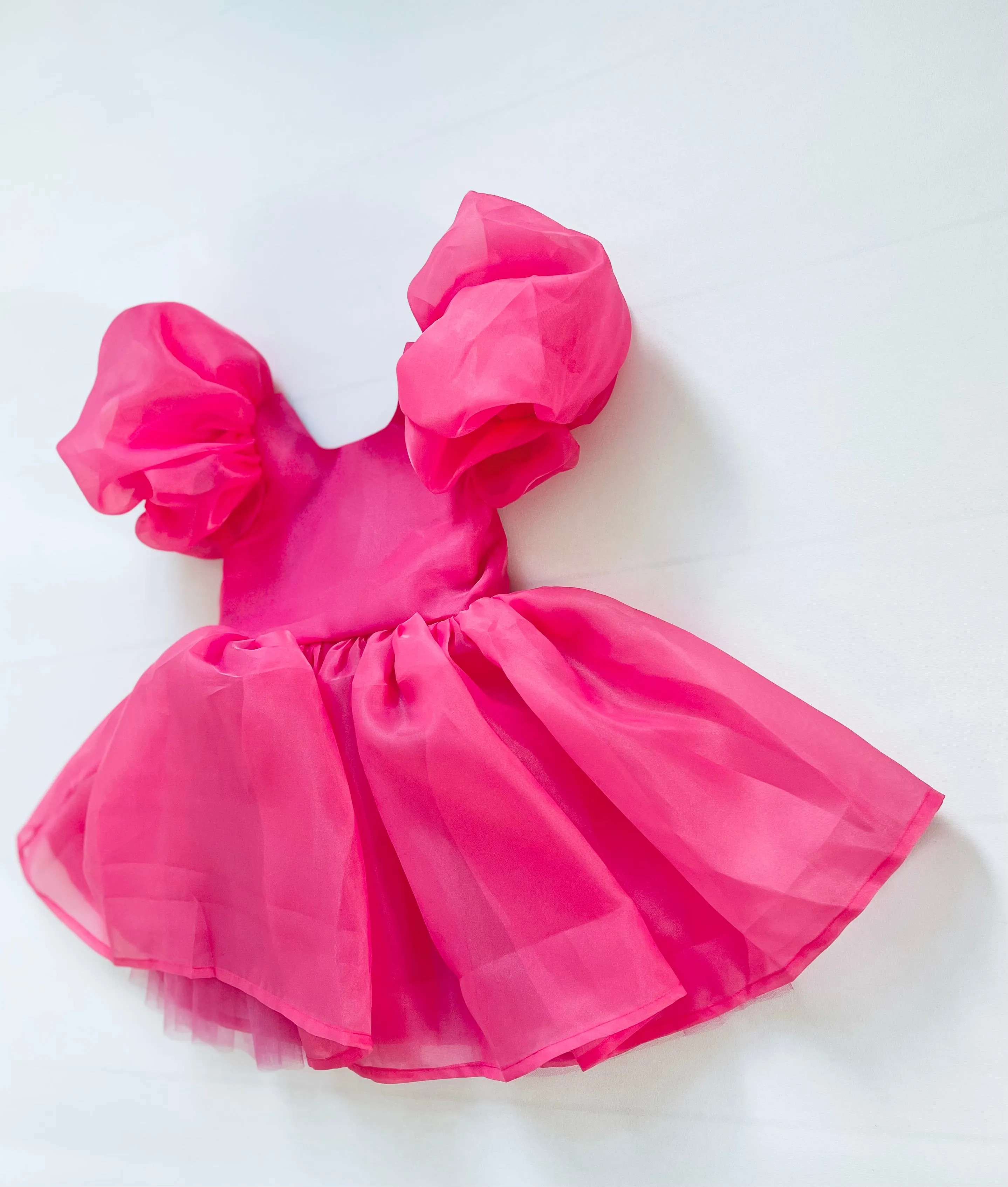 DOLLY WORLD V-BACK PUFF SLEEVE ORGANZA TUTU DRESS barbiepink