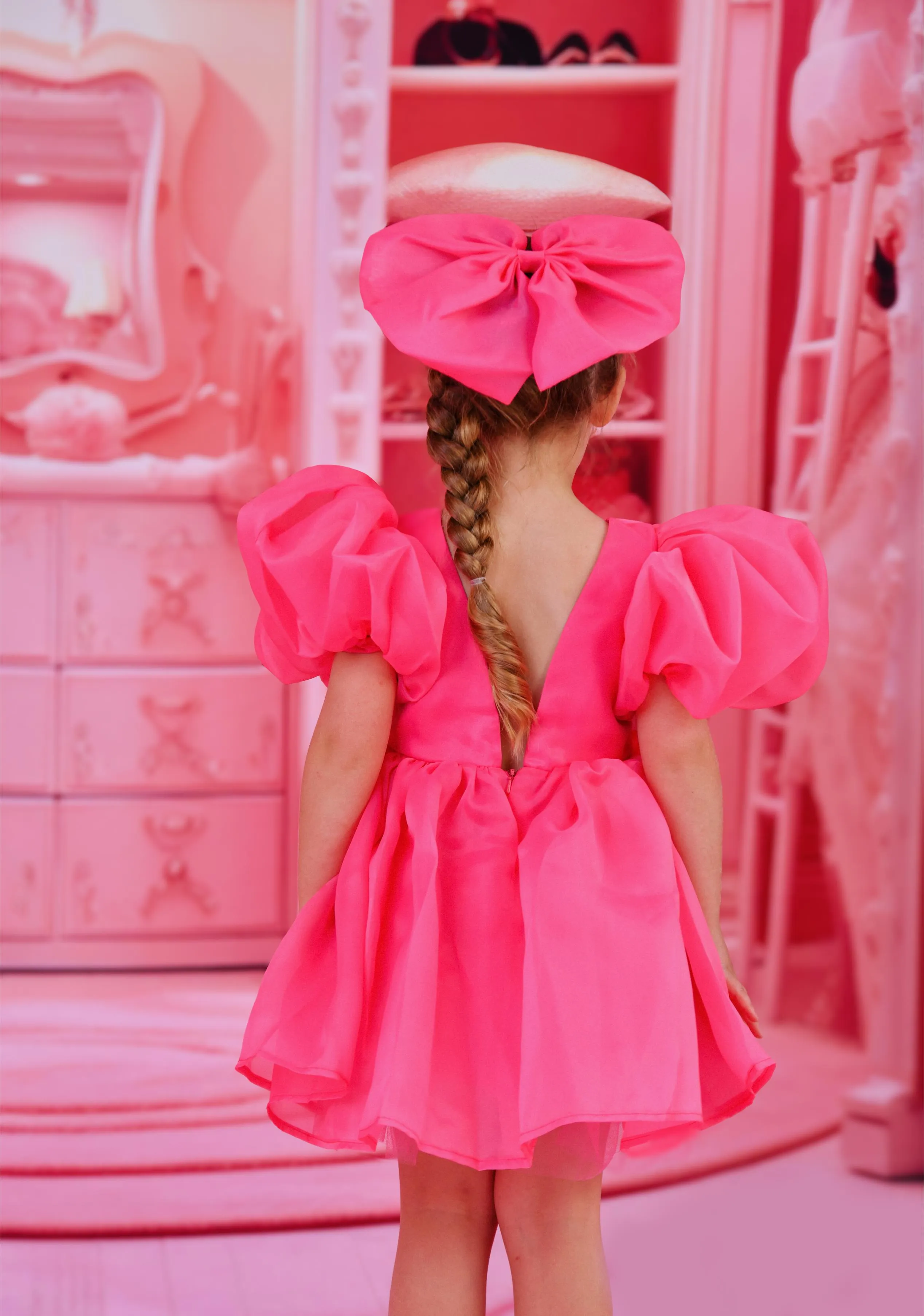 DOLLY WORLD V-BACK PUFF SLEEVE ORGANZA TUTU DRESS barbiepink