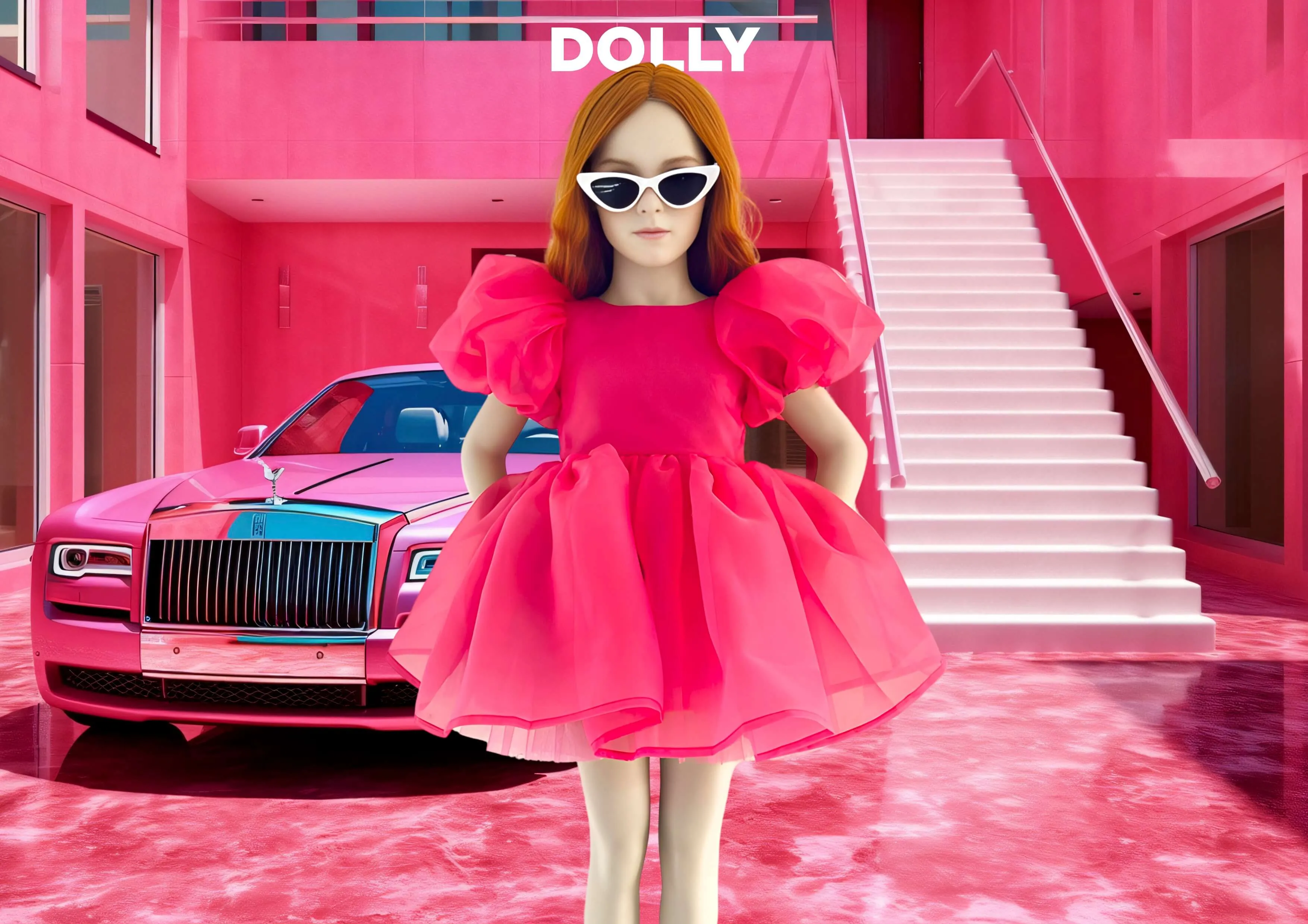 DOLLY WORLD V-BACK PUFF SLEEVE ORGANZA TUTU DRESS barbiepink