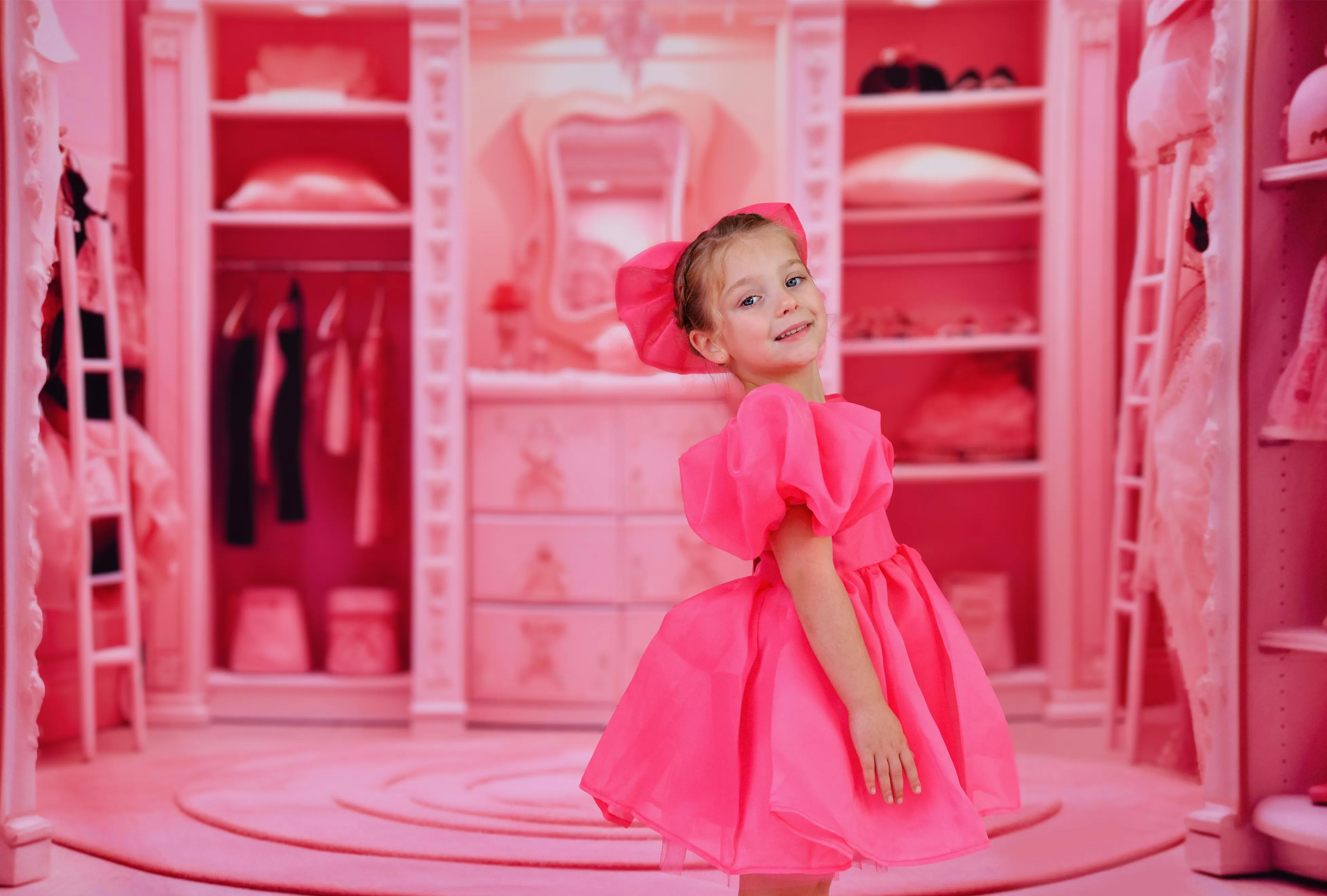 DOLLY WORLD V-BACK PUFF SLEEVE ORGANZA TUTU DRESS barbiepink