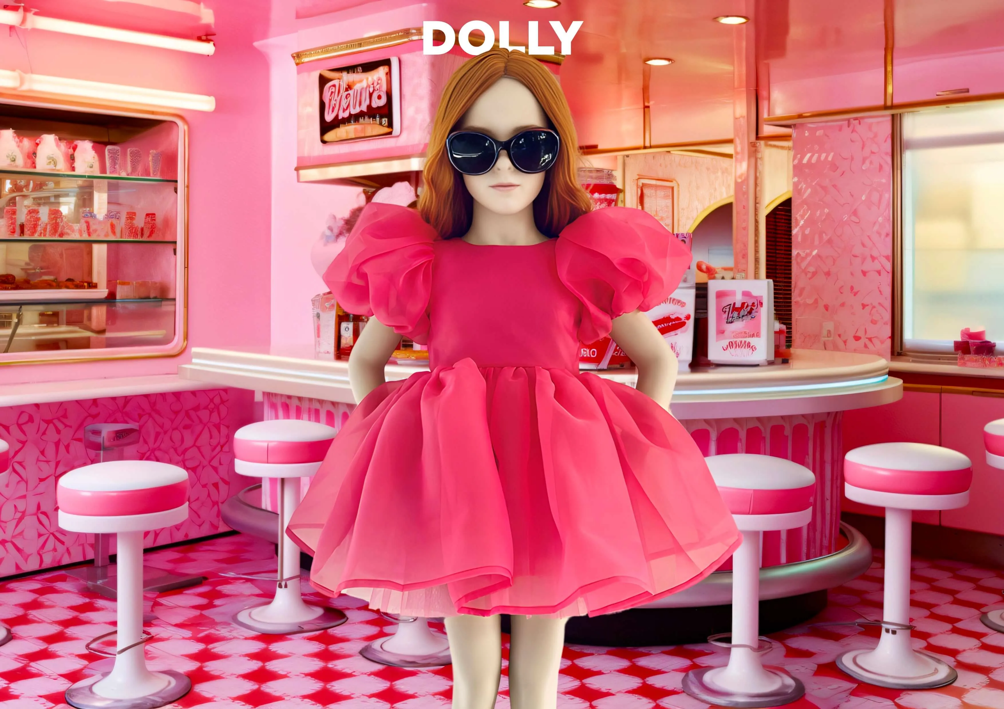 DOLLY WORLD V-BACK PUFF SLEEVE ORGANZA TUTU DRESS barbiepink