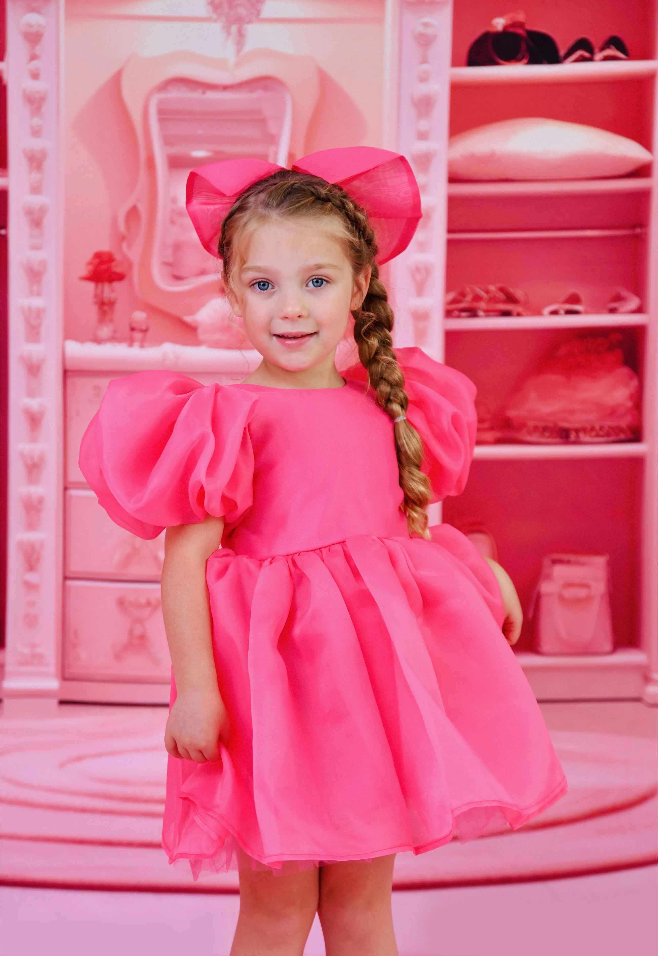 DOLLY WORLD V-BACK PUFF SLEEVE ORGANZA TUTU DRESS barbiepink