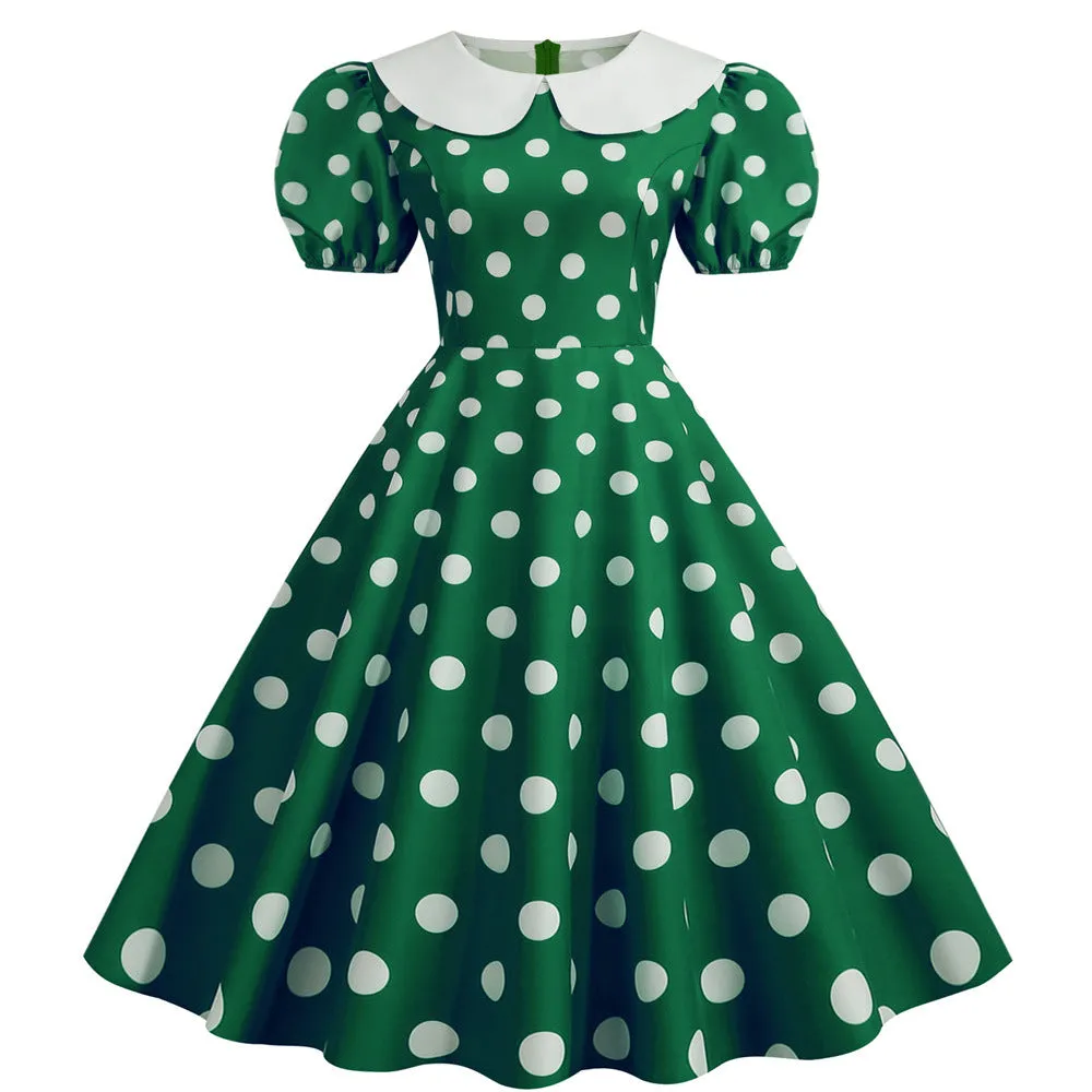 Dot Short Sleeve Doll Collar Print Dress