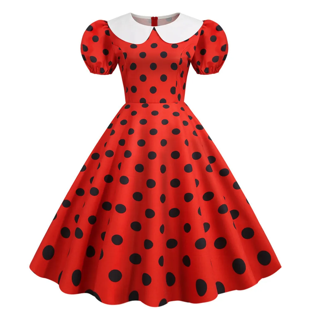 Dot Short Sleeve Doll Collar Print Dress