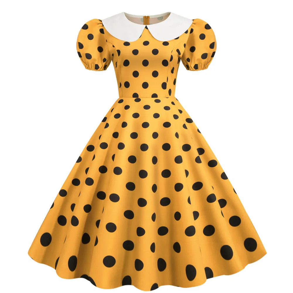 Dot Short Sleeve Doll Collar Print Dress